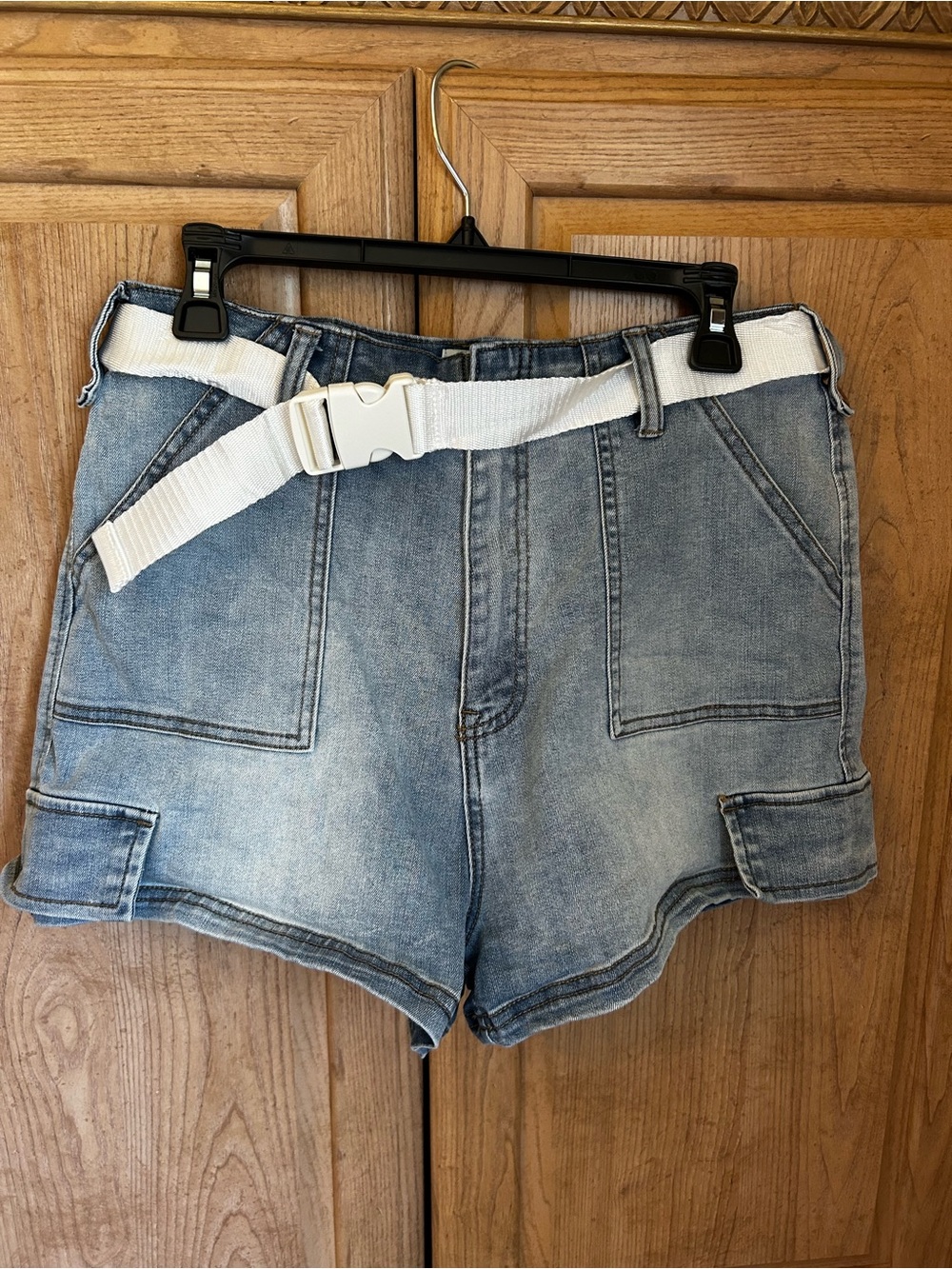 Denim Utility High-Waist Shorts with White Web Belt